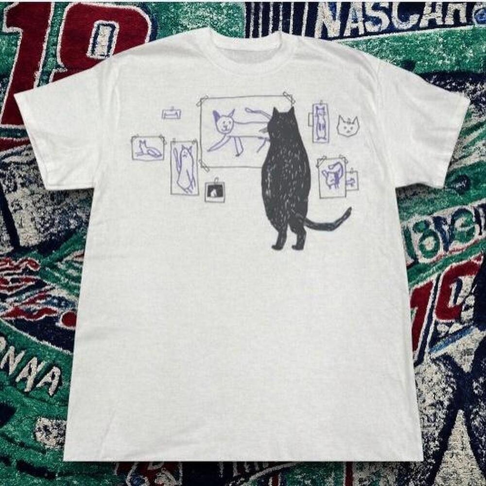 Y2K Cute Cat Art Graphic Tee White Unisex Fit.